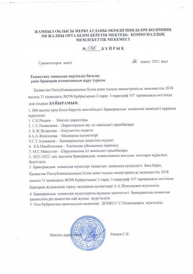 2021-2022 оқу жылына арналған бракераждық комиссияның бұйрығы