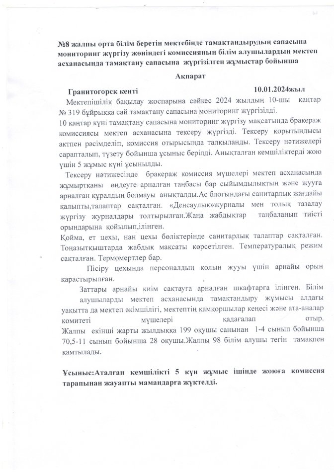Тамақтану сапасына мониторинг жүргізу.Ақпарат