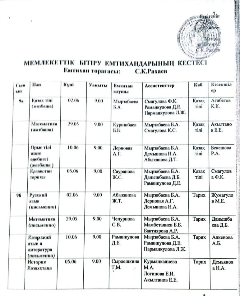 Мемлекеттік бітіру емтихандарының кестесі.  9-сынып