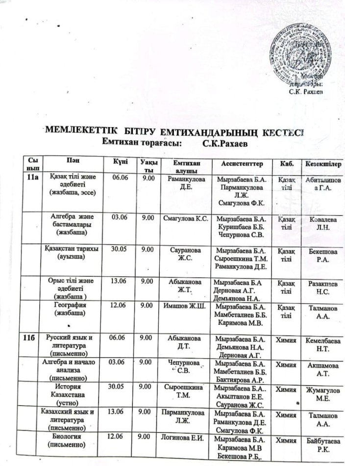 Мемлекеттік бітіру емтихандарының кестесі 11-сынып